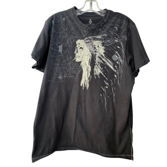 Aces & Eights Black T-Shirt Native American Skull Lg Outside White Stitch Faded - Picture 1 of 8
